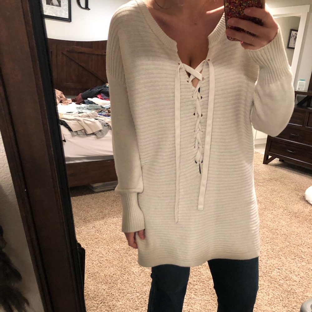 Lace up long sweater